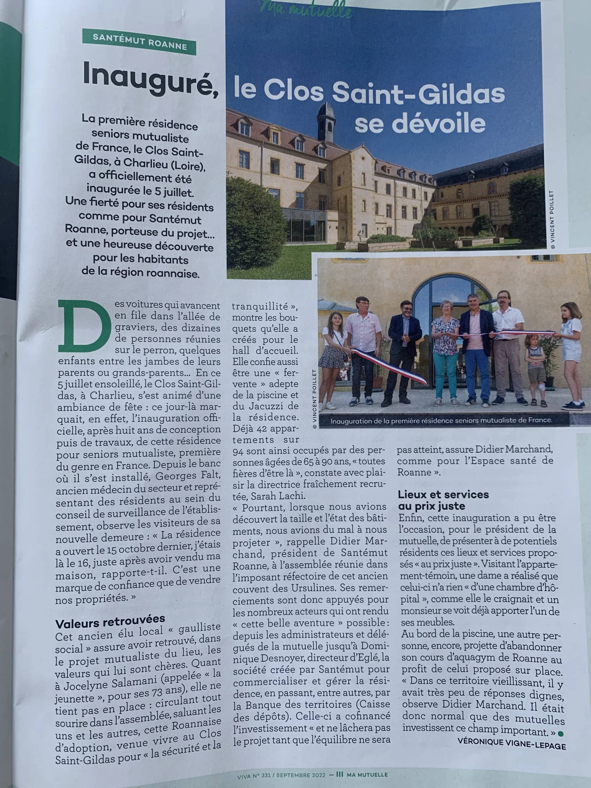 Photo de l'article paru dans le magazine Viva au sujet de l'inauguration du Clos St Gildas